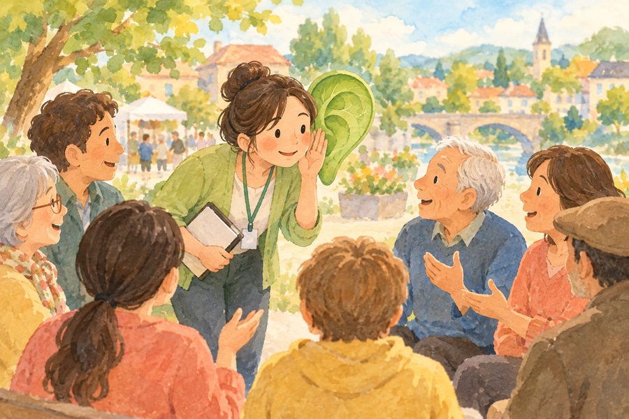 職員が地域の人たちの声に耳をかたむけているイラスト