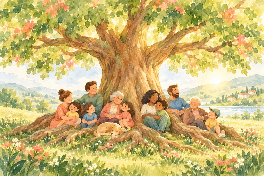 大きな木の下で、あらゆる世代の人が守られているイラスト