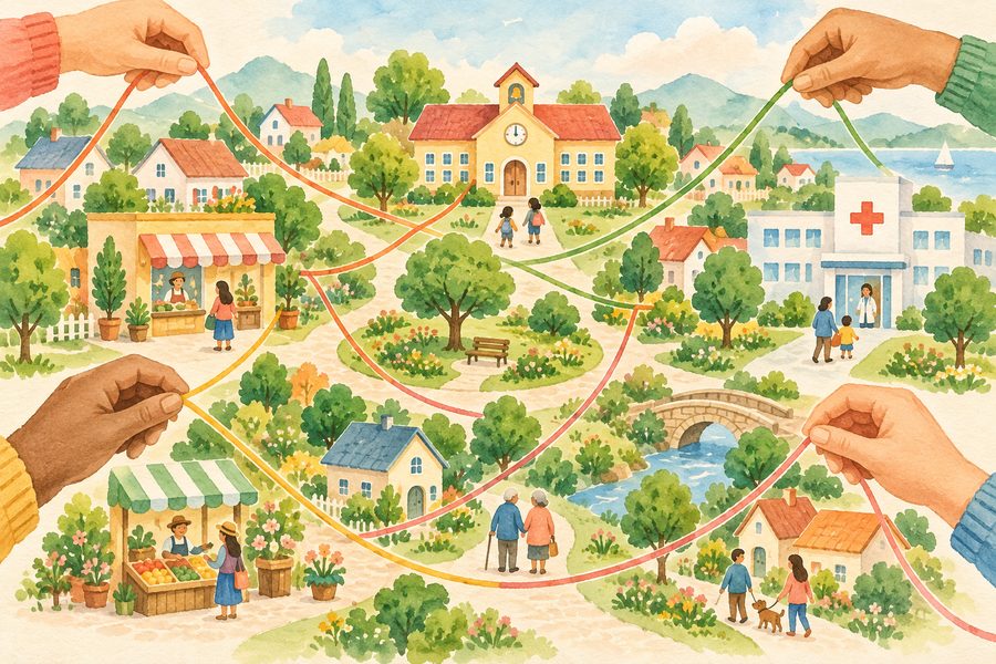 色とりどりの糸が家や学校、お店をつないでいるイラスト