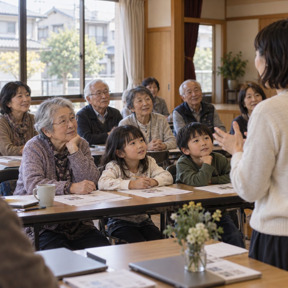 高齢者や子どもが集会所で講座を聞いている様子