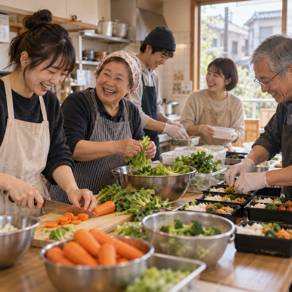 さまざまな世代のボランティアが台所で食事の準備をしている様子