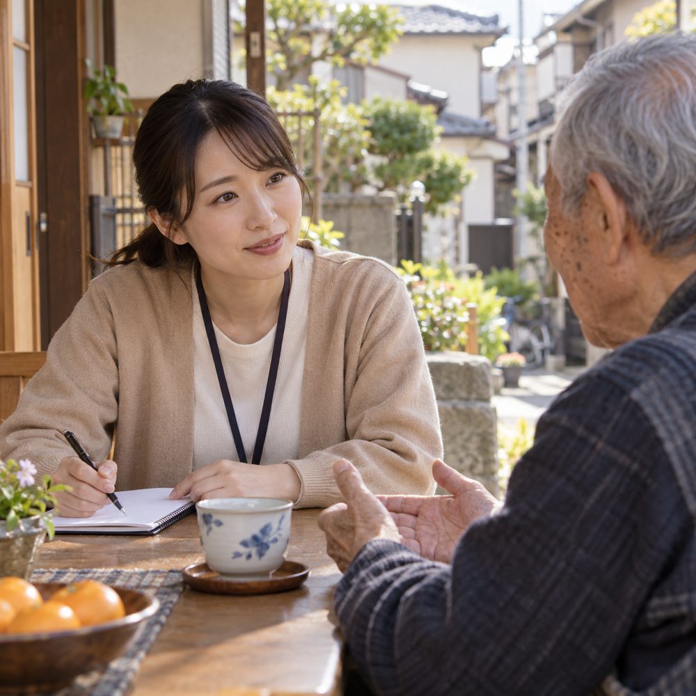相談員が高齢の男性の話に耳を傾けている様子