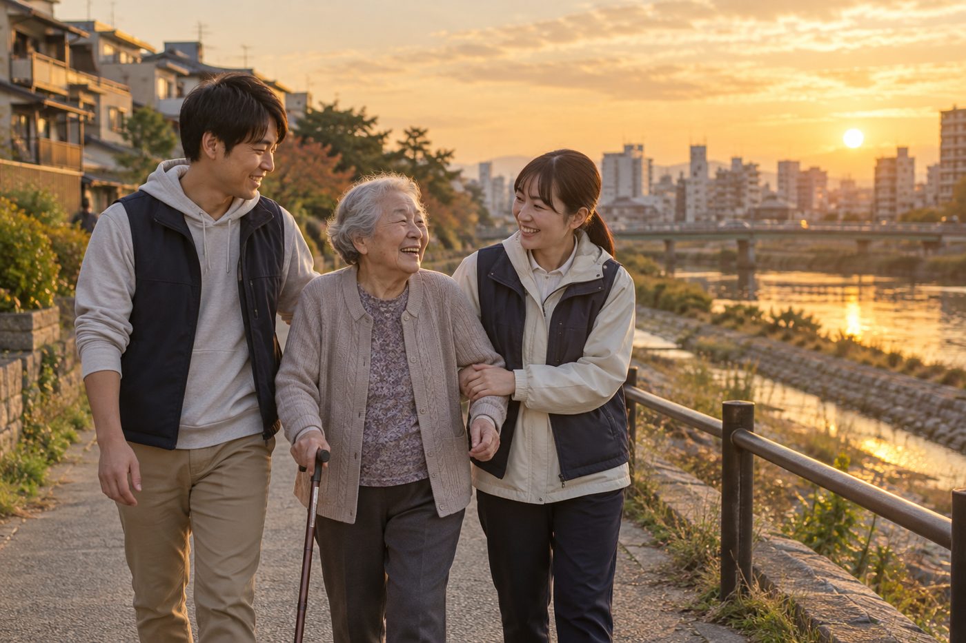 夕方の川沿いの道を、ボランティアと高齢の方が並んで歩く様子