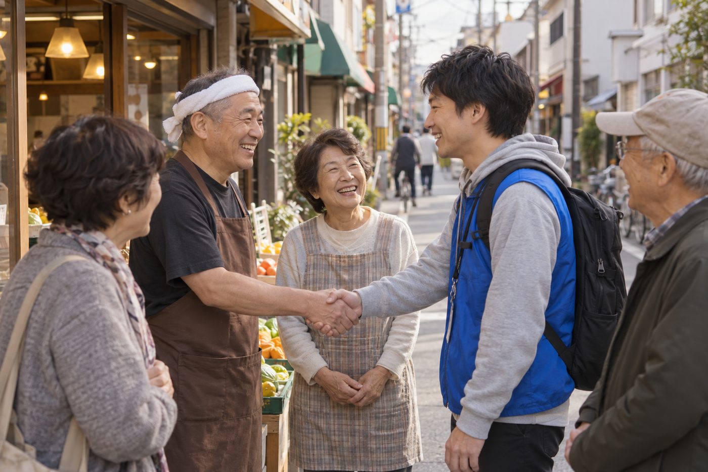 商店街の前で、住民や店主、ボランティアが握手して話している様子
