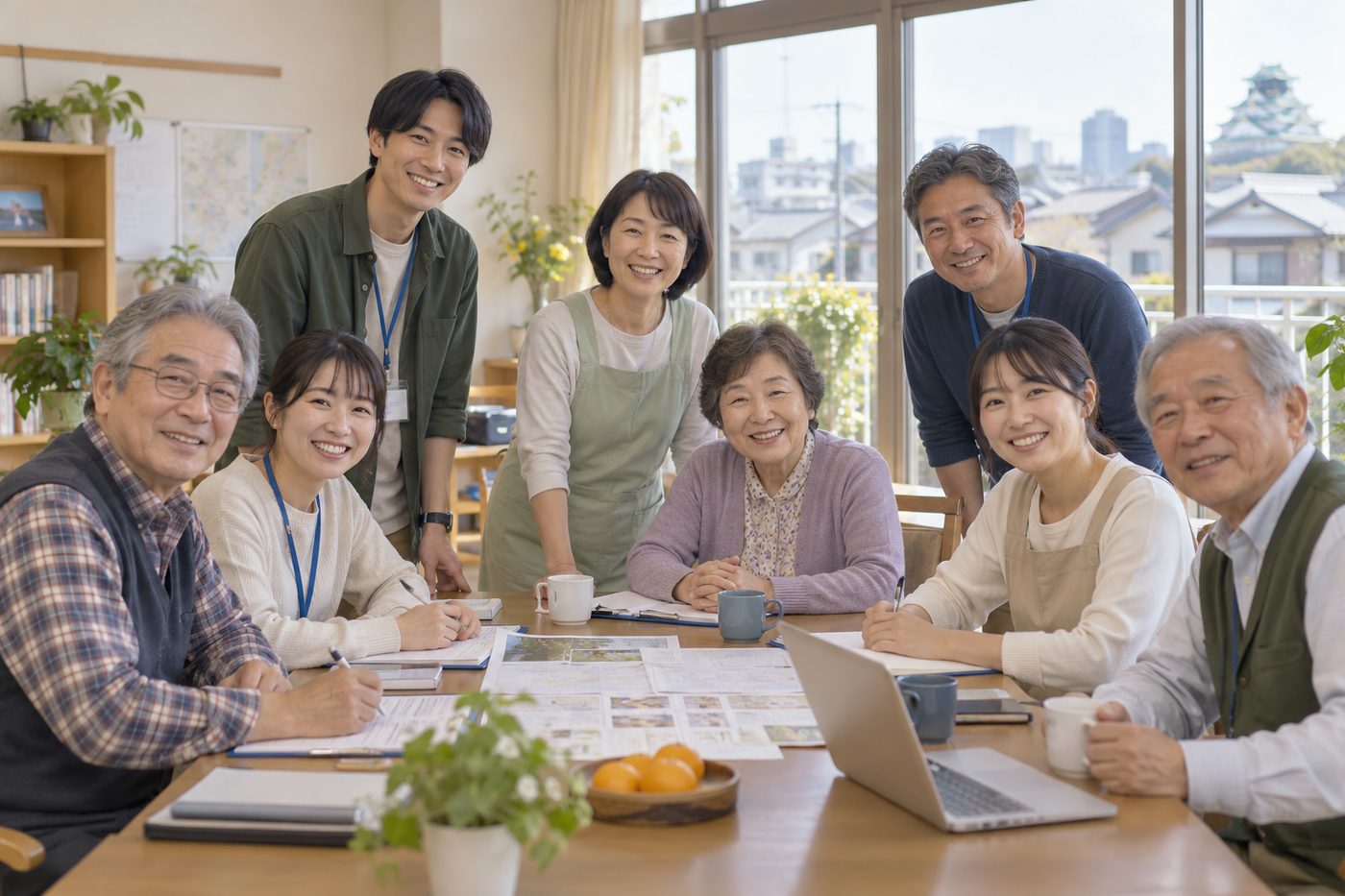 社協紹介動画のサムネイル。職員とボランティアが会議室で笑顔で話している
