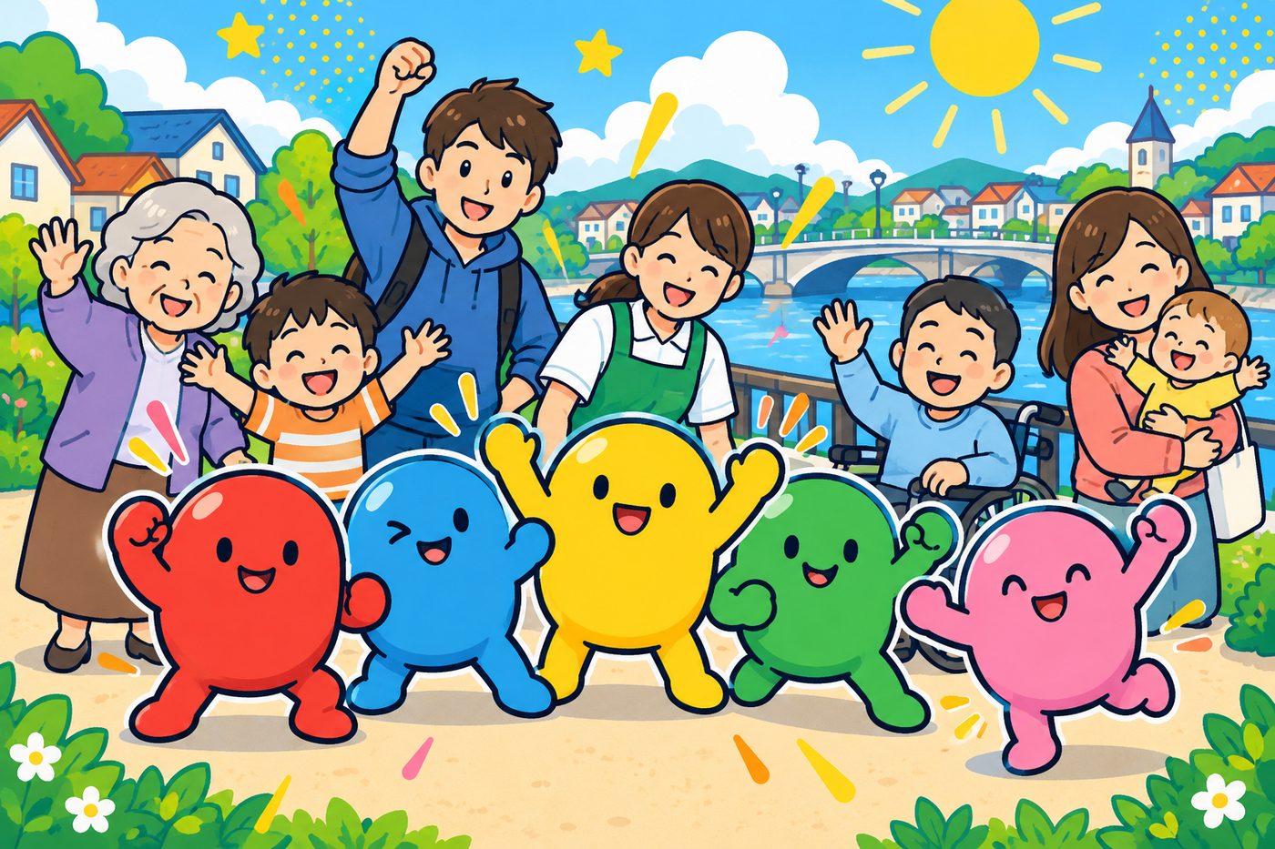 案Cのトップページ：カラフルなキャラクターと住民たち