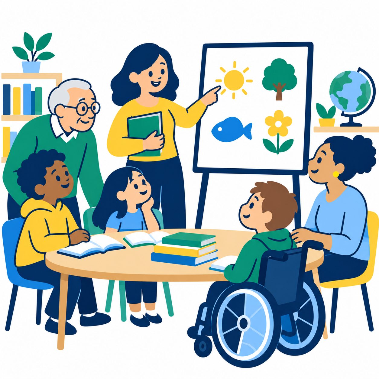 子どもと大人が一緒に学んでいる教室のイラスト