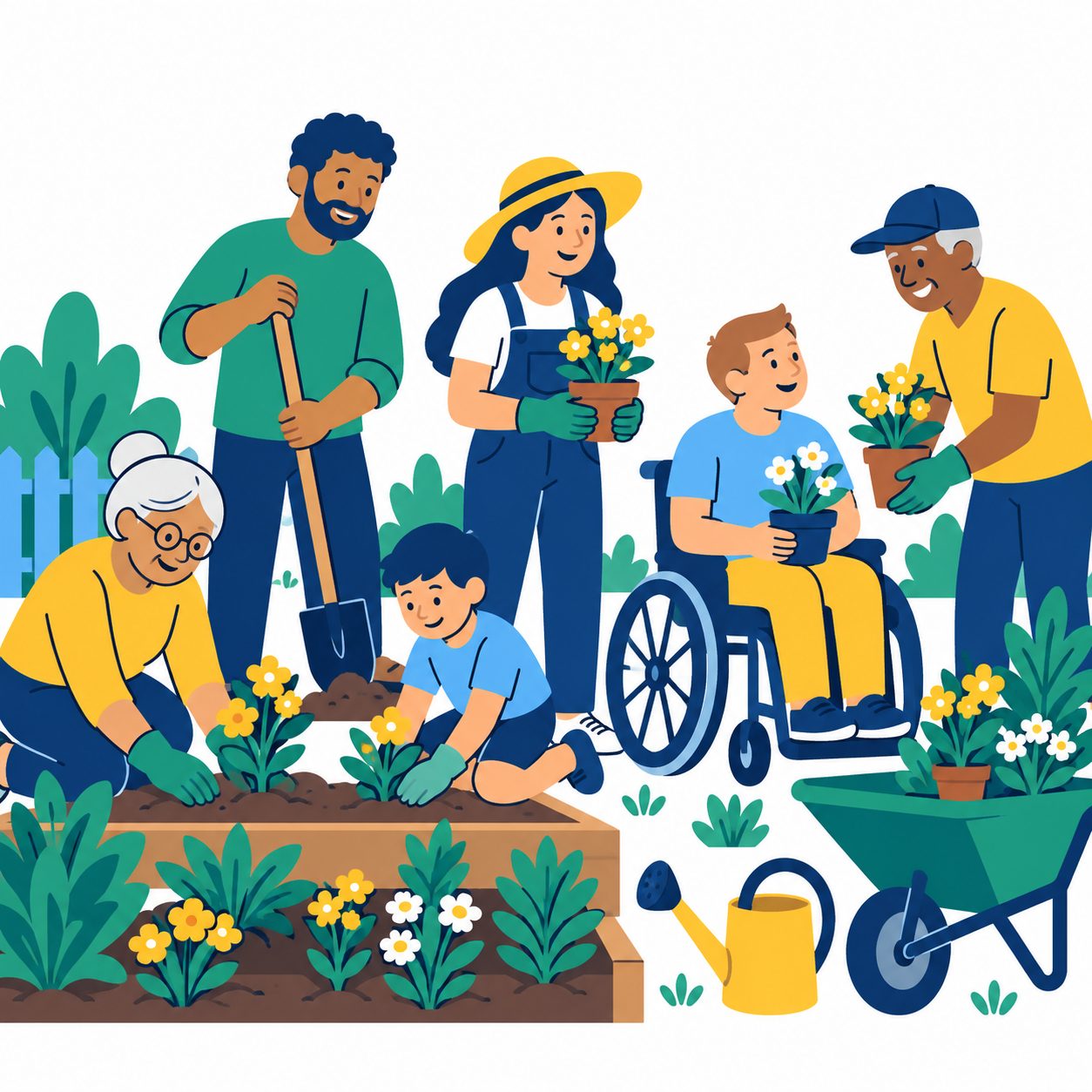 さまざまな年代のボランティアが花を植えているイラスト