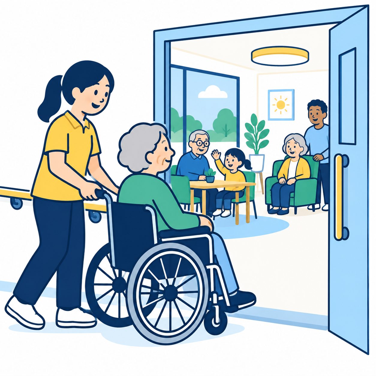 介護職員が車いすの方を支えているイラスト