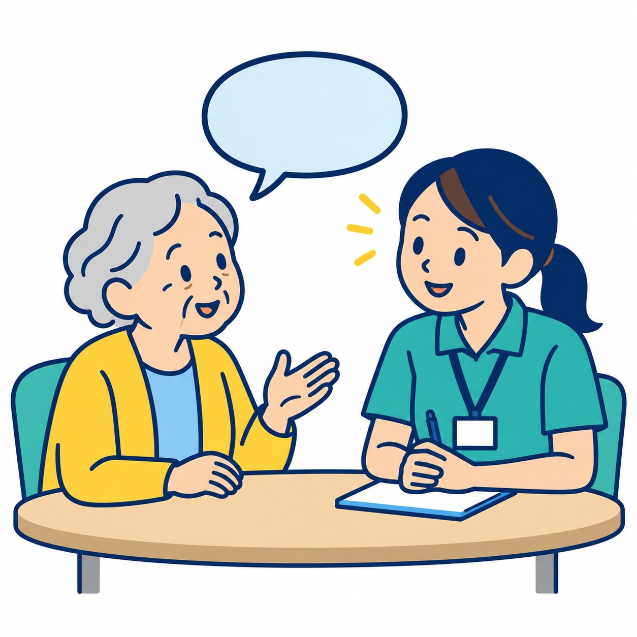 職員が高齢の方の話をじっくり聞いているイラスト