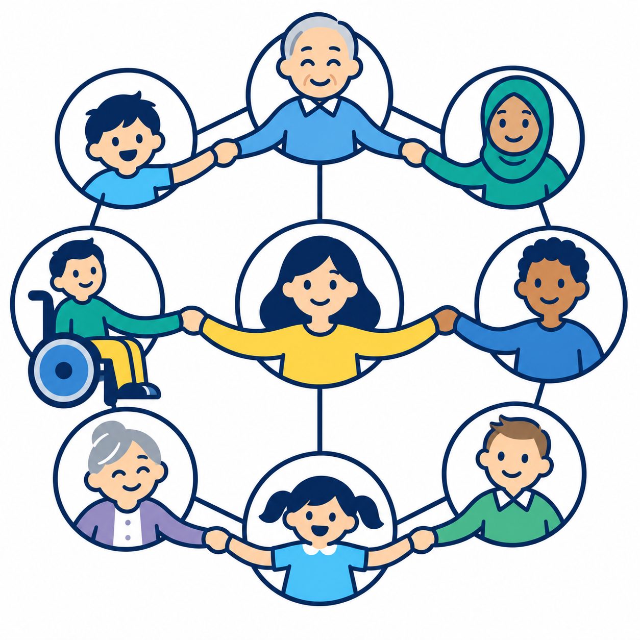 人と人が手をつないで輪になっているイラスト