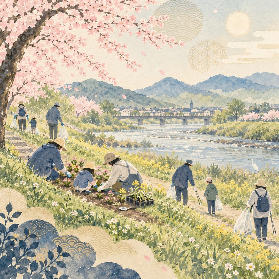 土手で地域活動をする人々