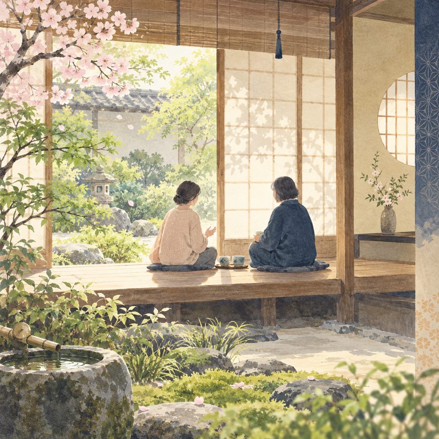 縁側で相談する様子