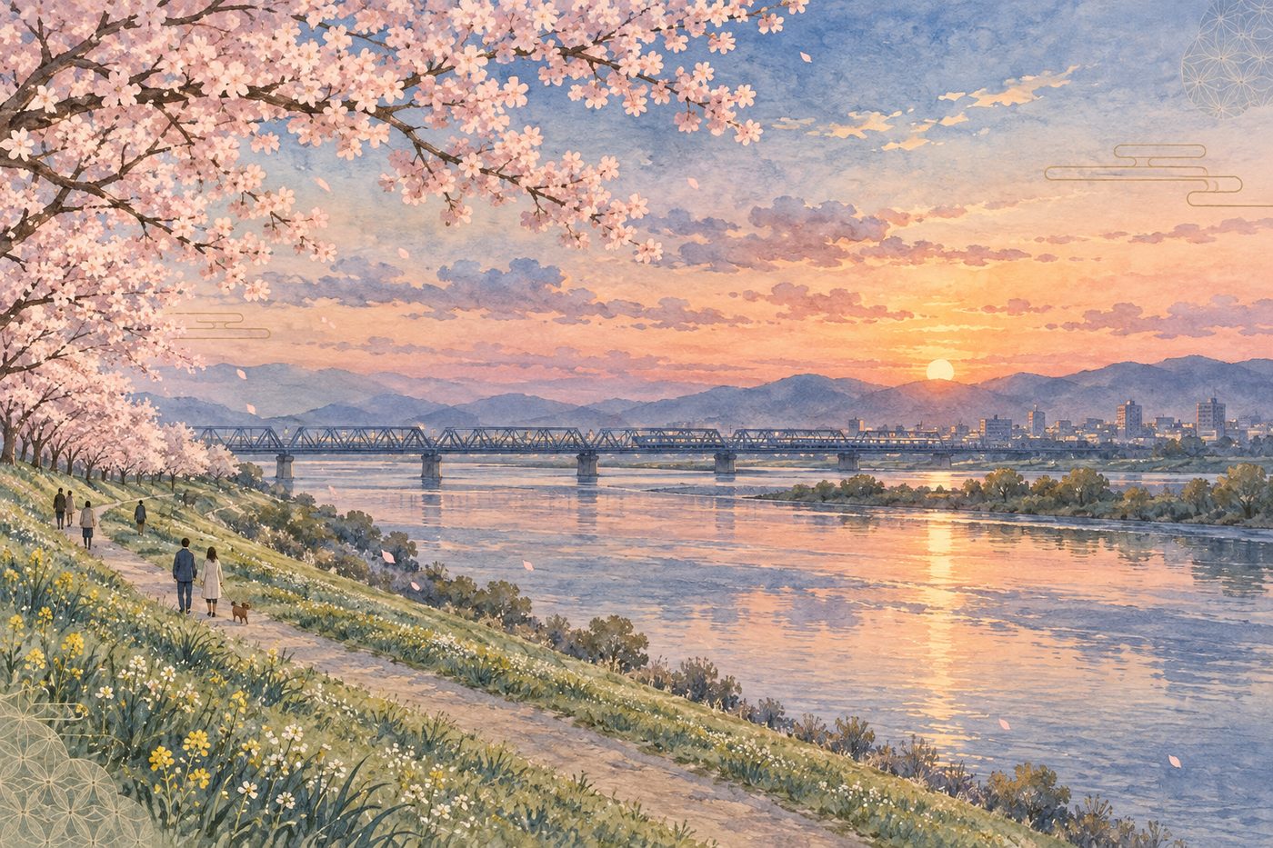 案Eのトップページ：夕景の淀川に架かる橋と桜
