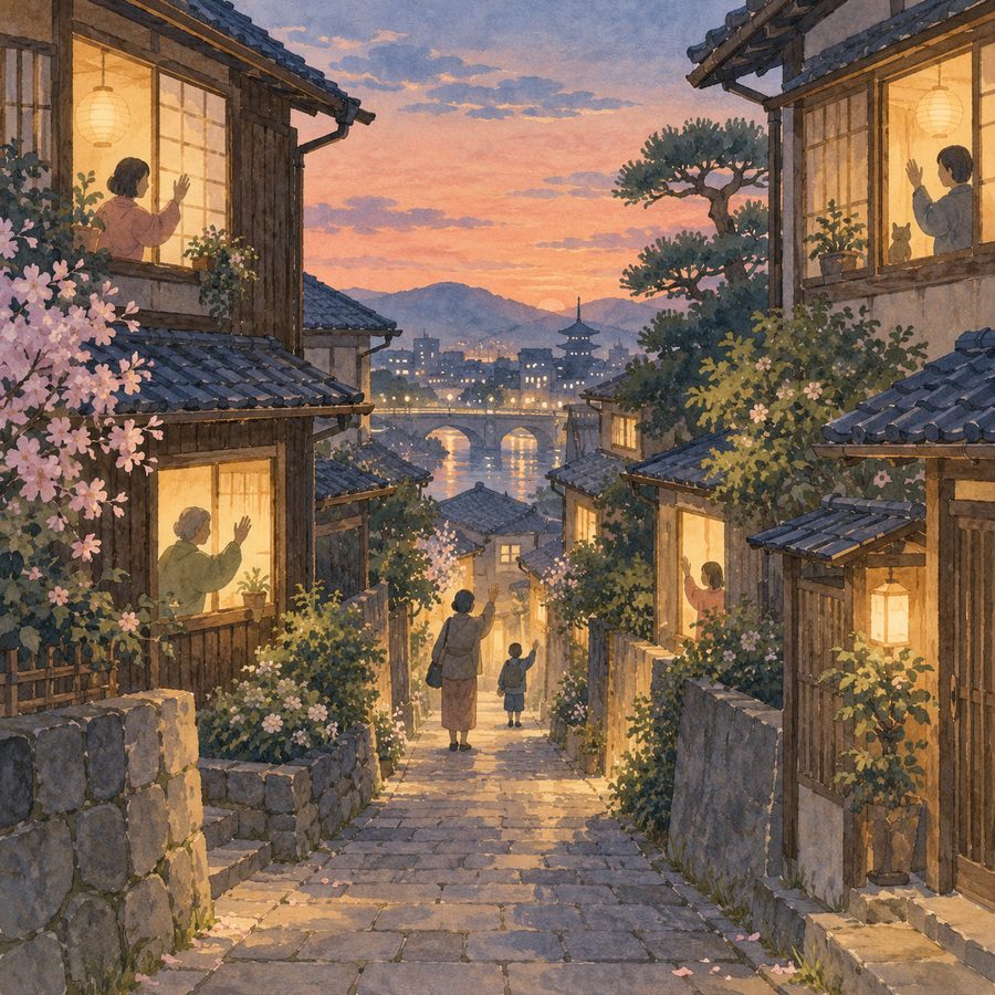 夕暮れの路地で挨拶を交わす人々