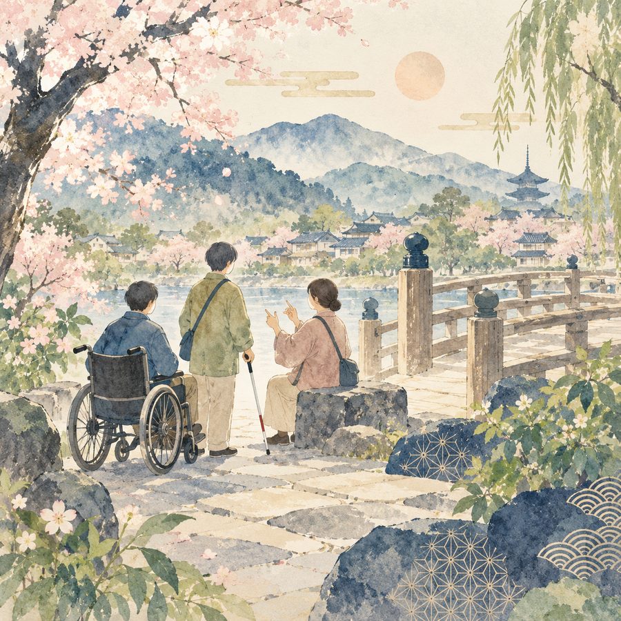 橋のたもとで談笑する人々